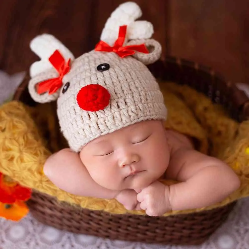 Christmas Deer born Cartoon Crochet Knitted Bowknot Baby Hat Pography Props 0-2 Month 210521