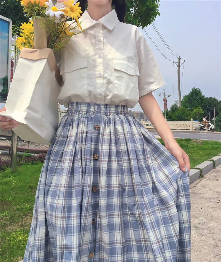 Japanse lolita stijl zomer vrouwen rok hoge taille vintage plaid knoppen elegante ruches schattige kawaii midi preppy s 210629