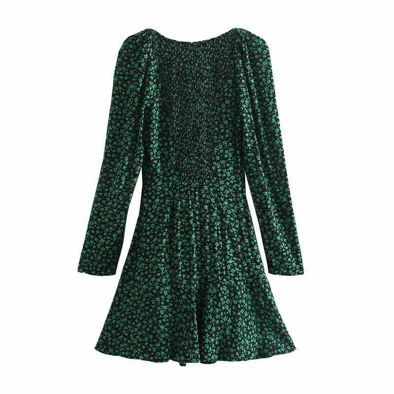 ZA été imprimé fleuri Mini robe femmes à manches longues smocké élastique Vintage vert robes femme Chic côté Zip Vestidos 210602
