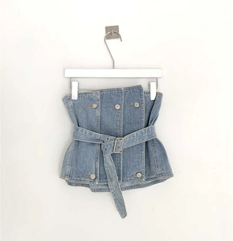 Casual retro revers wit gestreepte shirts lange mouw blouse sexy strapless denim camisole tops met riem fashion sets All-match 210610