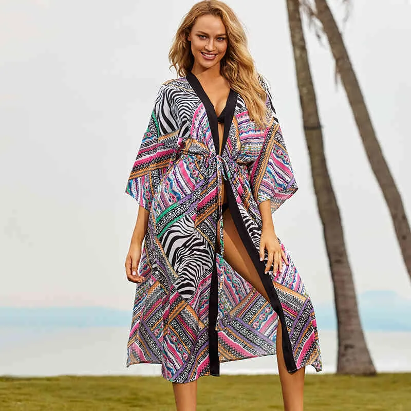 Bikini Cover-up Bohemian Stampato Lungo Kimono Cardigan Plus Size Tunica Donna Beach Wear Costume da bagno Cover Up Parei Q1148 210420