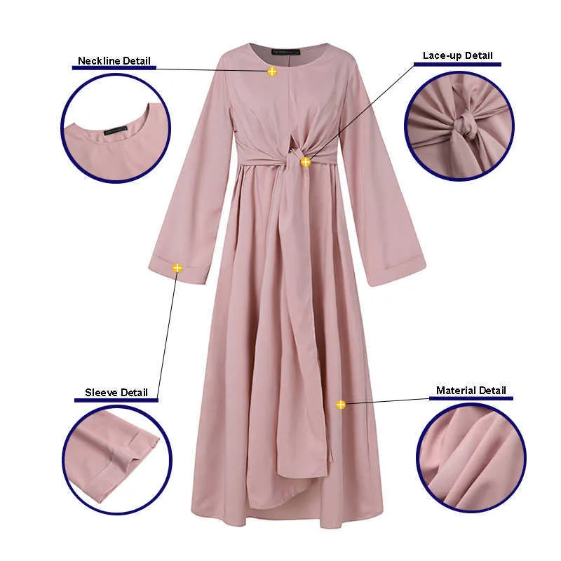 Zanzea Muzułmańskie sukienki Eid Mubarak Kaftan Dubai Abaya Turcja Moda Hidżab Dress Islam Odzież Maxi Sundress dla kobiet Vestidos X0629