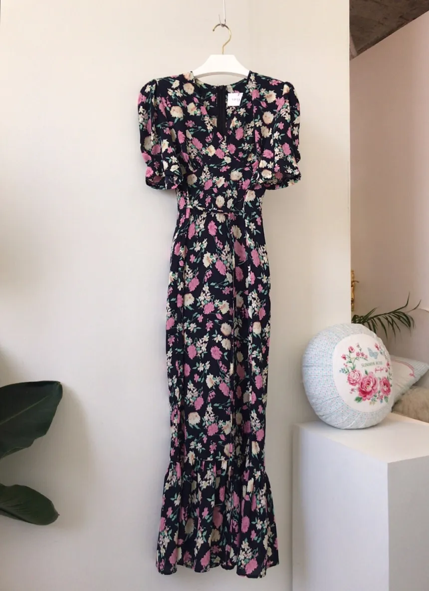 Sommer Damen Sommerkleider Vintage Maxi Kleid Femme Robe Chiffon Floral Split Sexy V-Ausschnitt Kurzarm Koreanische Kleidung 210514
