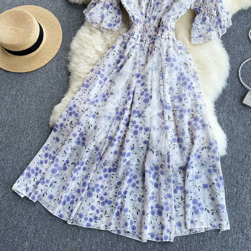 Summer Sweet Flower Printed Chiffon Dress Women Purple/Pink Ruffle Round Neck Flare Sleeve High Waist Floral Slim Vestidos 2021 Y0603