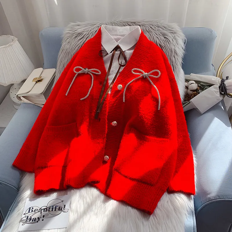 H.SA Maglioni da donna Papillon rosso Cappotto maglione oversize Cardigan in poliestere Maglioni solidi casual lavorati a maglia 210417