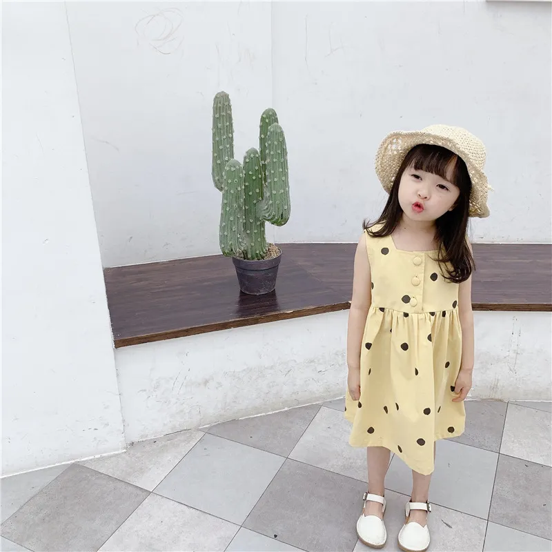 Flickor Ärmlös Klänningar Barn Baby Polka Dot Princess Dress Barn Koreansk stil Kläder Casual Sommar Vestidos 210429