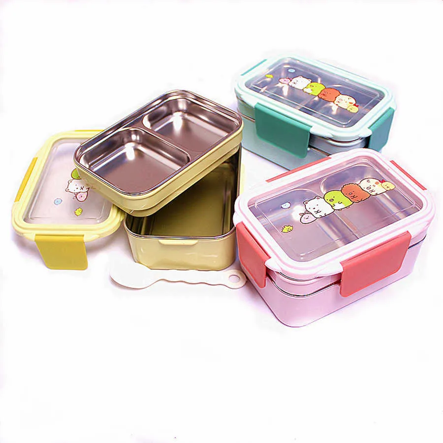 Bärbar rostfritt stål lunchlåda Dubbelskikt Tecknad matbehållare Box Mikrovågsugn Bento Box för barn Barn Picnic School 210925