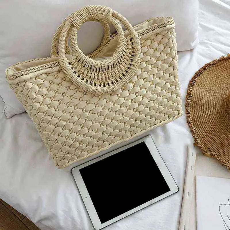 NXY sacs à provisions 066F Boho femmes été plage tissé sac à main en paille avec poignée supérieure sac fourre-tout zippé panier 220128