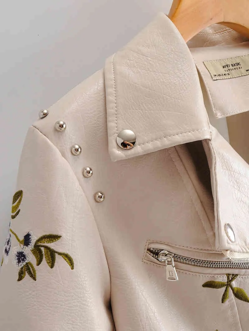Vintage Femmes PU Cuir Vestes Printemps Floral Imprimé Dames Manteaux Blanc Mode Femme Jacket Slim Girls Faux 210427