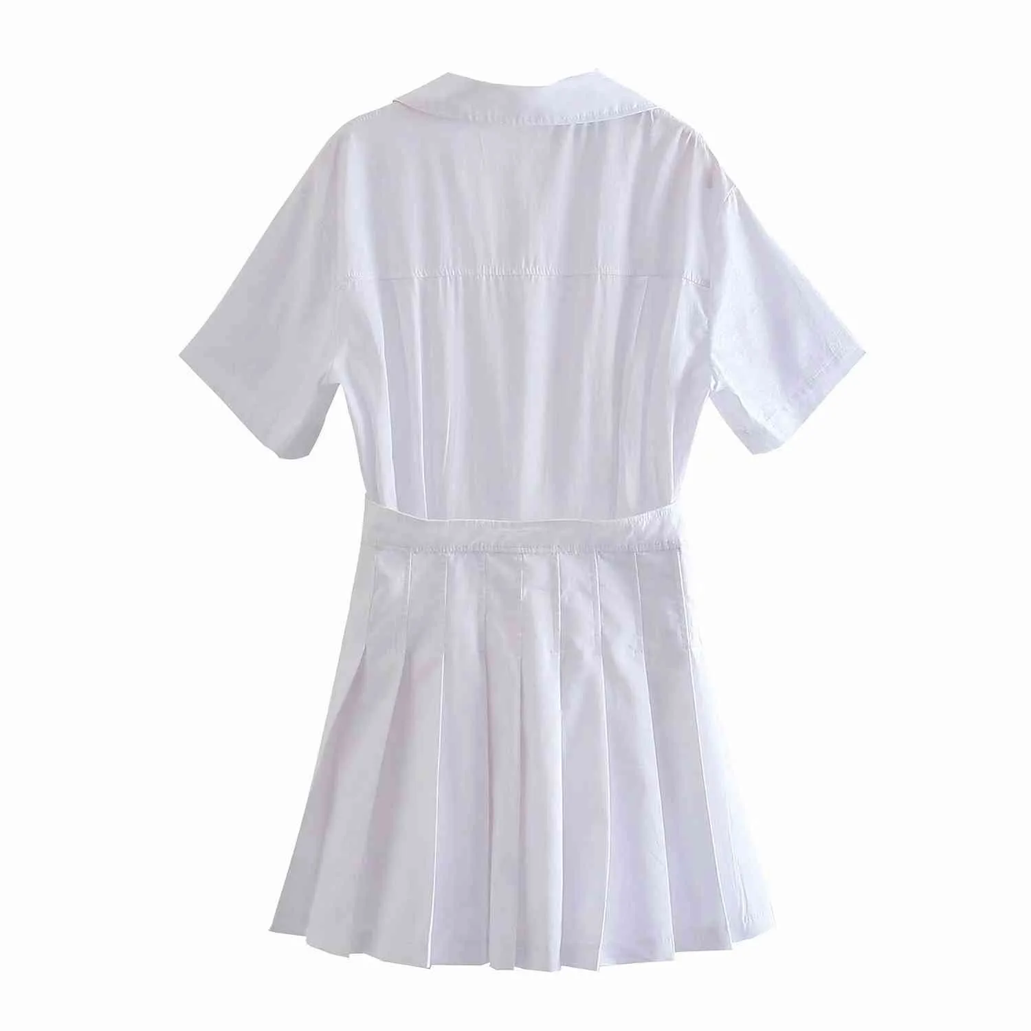 Été à manches courtes revers blanc femme robe français plis taille Chic doux femmes Culottes 210507