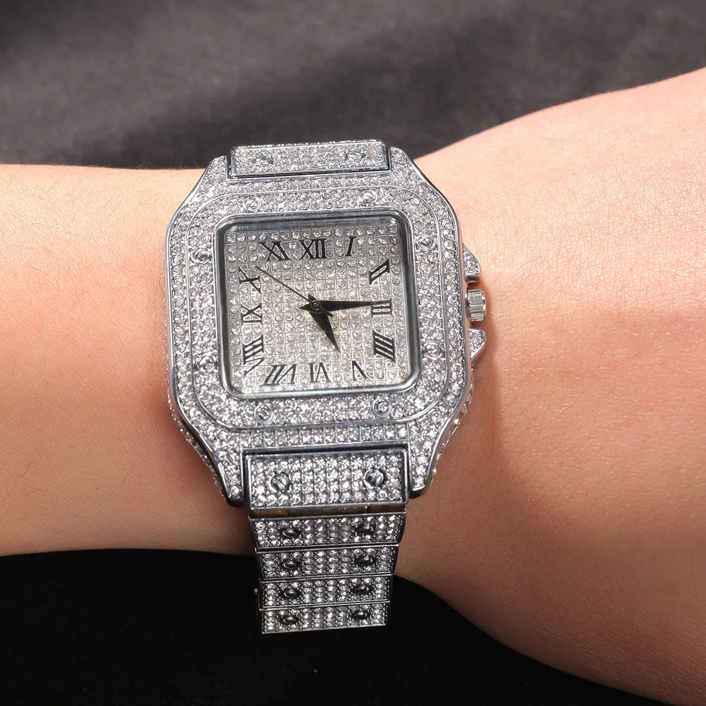 Hip Hip Hop Trend Square Watch 316L Rostfritt stål Väska täcker full diamantkristallband klockor kvarts handledsklockor pu309i