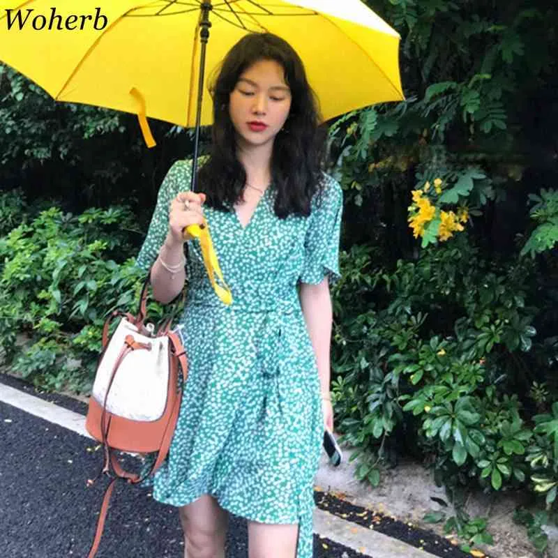 Summer Floral Green Dress Women Fashion V Neck Short Sleeve Bangage Mini Dresses Vintage Ladies Elegant Robe Vestidos 210519