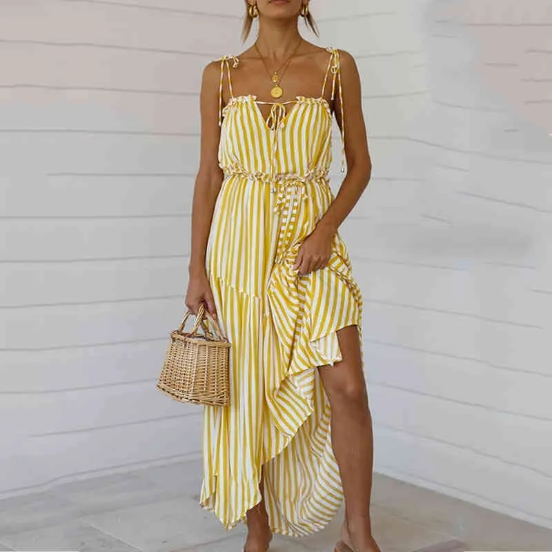 Foridol Striped Lace Up Yellow Maxi Lång Klänning Kvinnor Ruffle Casual Beach Holiday Sundress Sexig Backless Oregular Dress Vestidos 210415