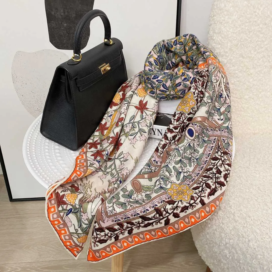 70% Cashmere 30% Silk Scarf Women Fashion Big Tree Flower Shawl Stole Hijab Big Blanket Kerchief Headscarf 135 * 135cm Q0828
