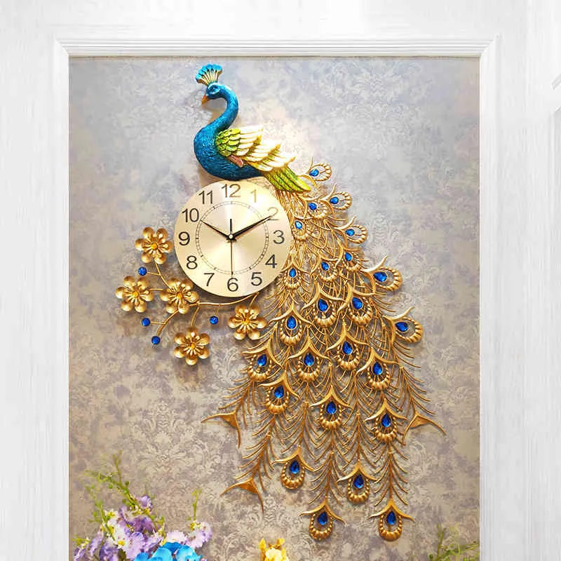 Mode Peacock Home Decor Montre Design moderne Salon Chambre Horloge silencieuse Horloge murale numérique en métal 210414