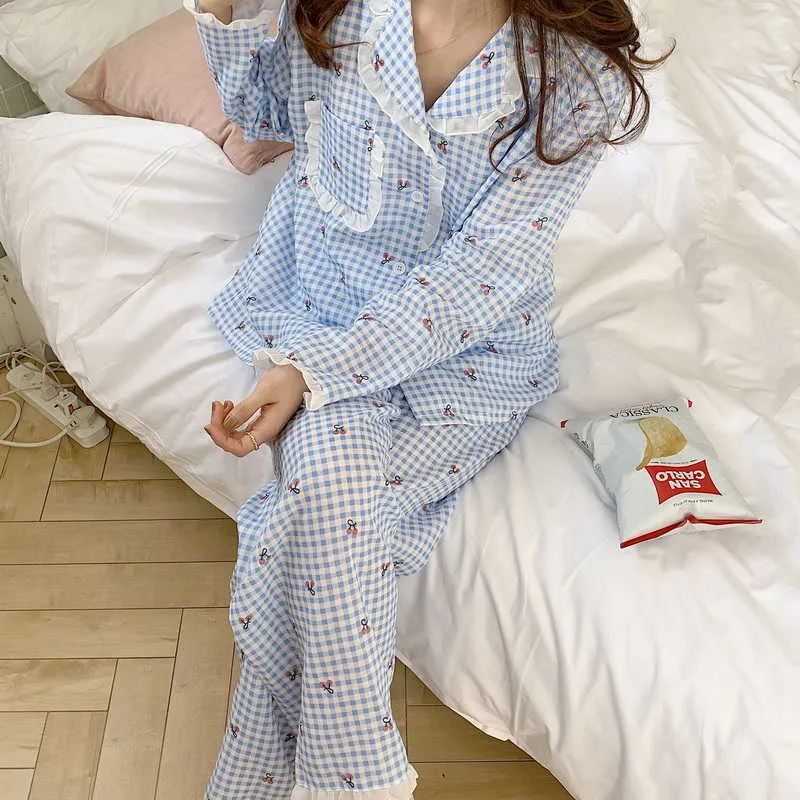 Princess Sweet Plaid Homewear Loose All Match Sleepwear Chic Vintage Soft Casual Femme Pigiama Set 210525