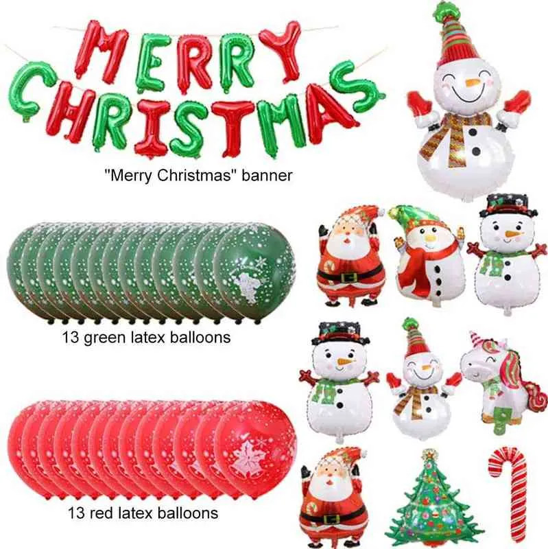 37 adet Merry Christmas Balonlar Set Whit Kamışı Kardan Adam Noel Baba Noel Ağacı Folyo Balon Noel Süslemeleri Malzemeleri 211216