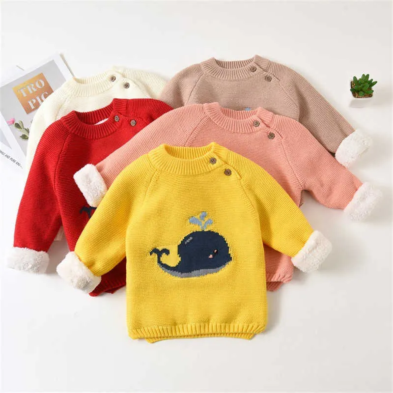 Infant Cartoon Whale Design Pullovers Toddler O-neck Velvet Sweater Warm Children's Sweaters Baby Boys Girls Kid Winter Clothing Y1024