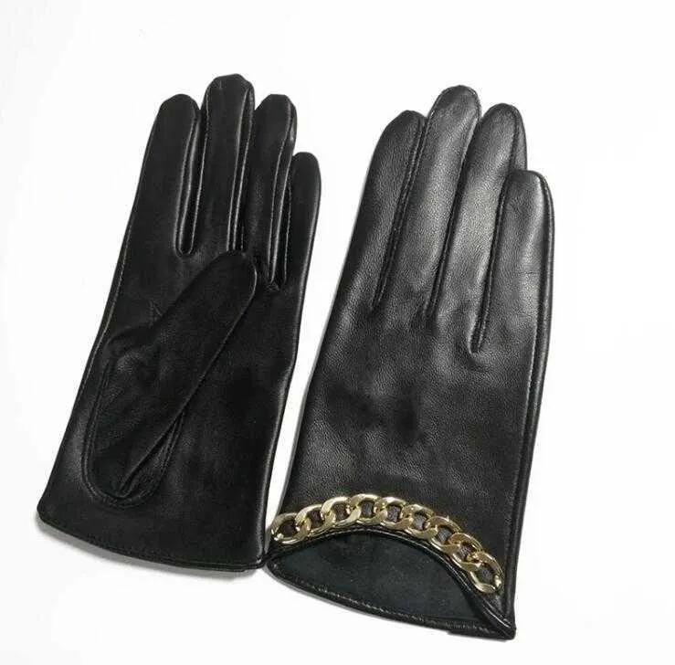 Gants en cuir de mouton avec chaîne de conception courte pour femmes, gants fins en cuir véritable pour écran tactile, gant de moto noir R417 H1022