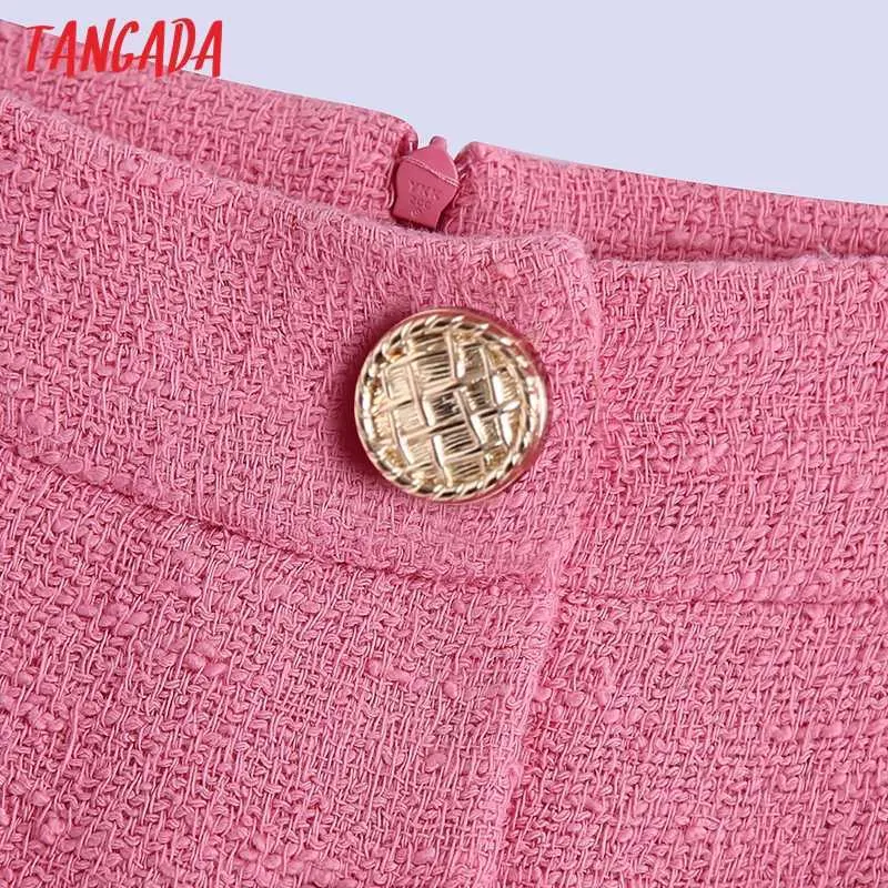 Tangada French Style Damskie Przyciski Przedni Szczur Różowy Tweed Midi Spódnica Vintage Wysoka Talia Zipper Kobiet Spódnice Mujer BE520 210621