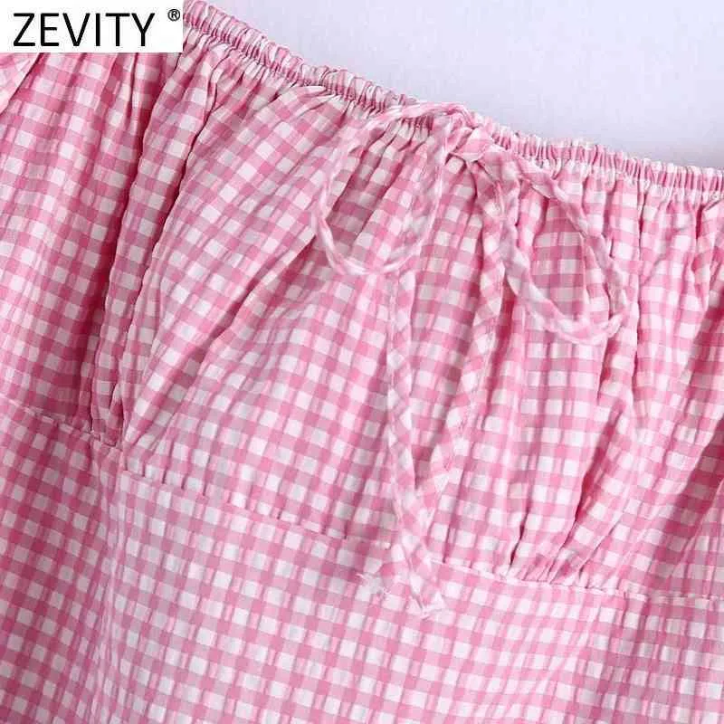 Женщины сладкие розовые клетки печатать назад упругие повседневные мини-платья женский CHIC PLIF PLIES рукав кружев ног Vestidos DS8232 210420