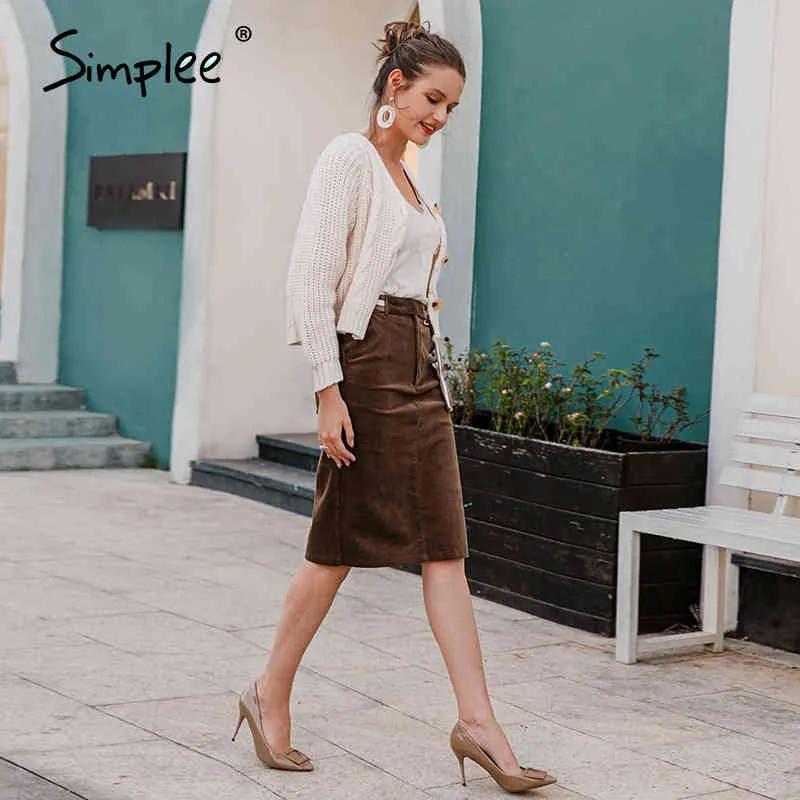 Vintage bodycon split corduroy elegante falda midi con fajas marrones y bolsillos Fondo de otoño cálido para dama de oficina 210414