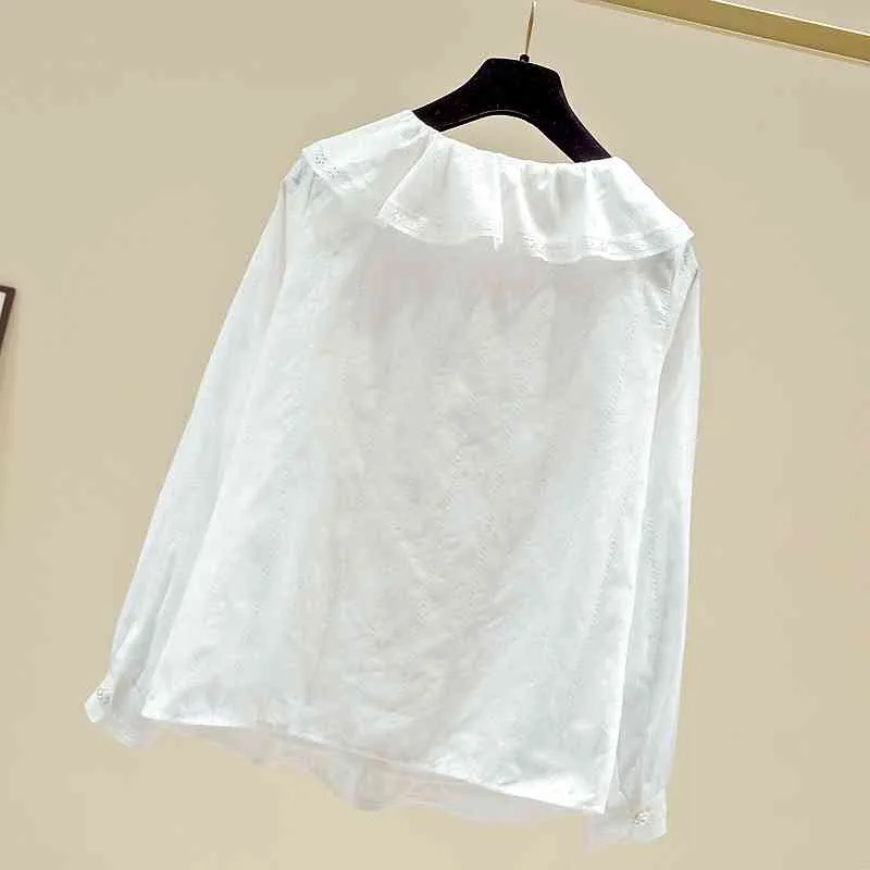 Осенние женские с длинными рукавами, вдавливание кружева кукла воротник рубашки девушки дамы белая рубашка блузка топы A4086 210428