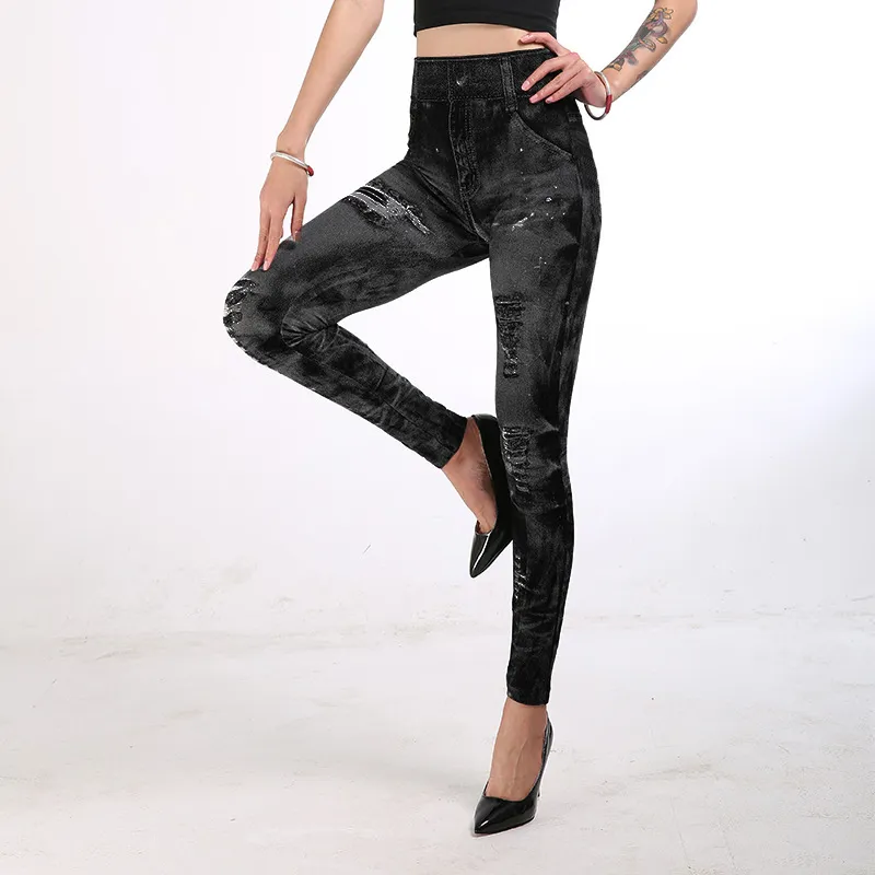 Frauen Leggings Mode Lässig Sexy Fitness Faux Jean Hosen Hohe Taille Elastische Dünne Plus Größe 3XL Kurze Weibliche Leggings 210422