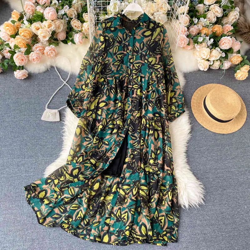 Women's Long Shirt Dress Retro Print Holiday Spring Summer Full Loose Chiffon Floral Sun Protection ML1035 210506