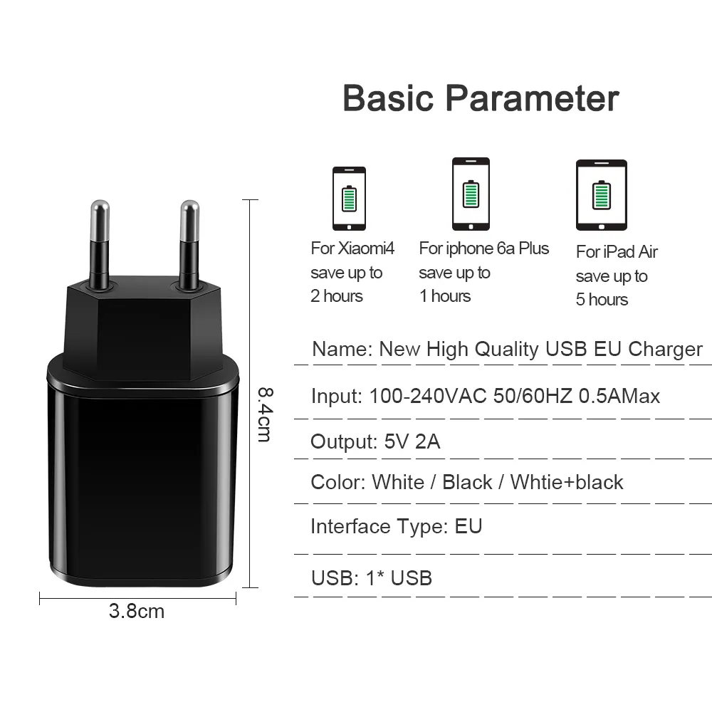 Cargador de teléfono móvil universal 5V1A / 5V2A Pared portátil de viaje USB para iphone Samsung Adaptador Enchufe de la UE Negro / Blanco