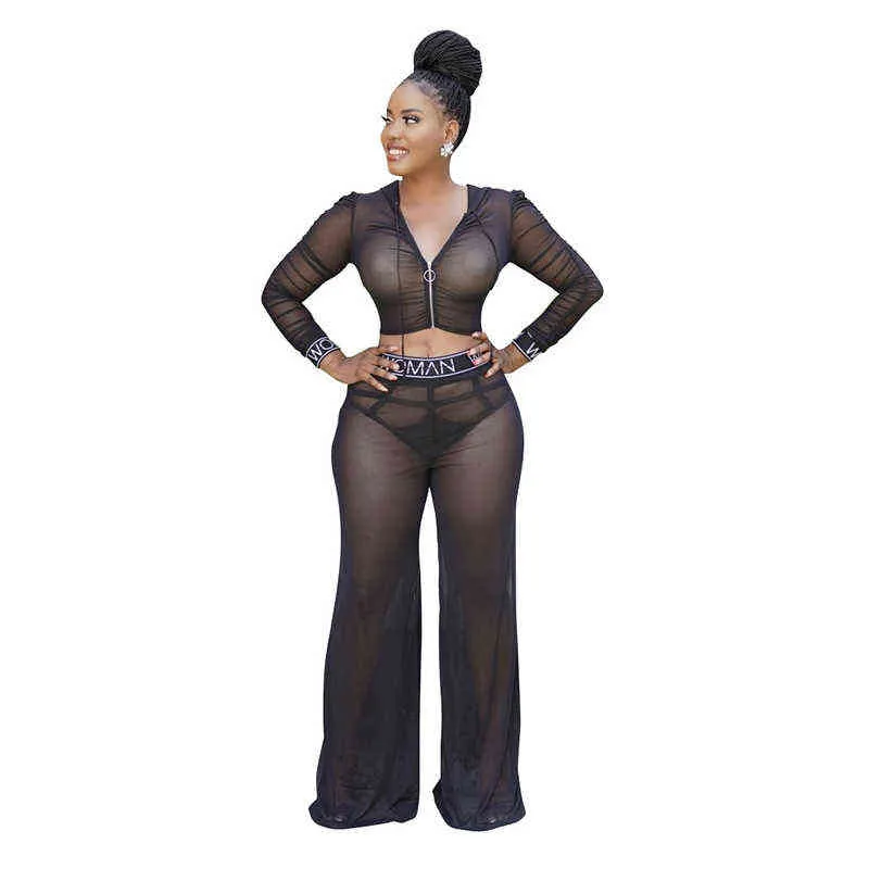 Woman Sexy See Through Mesh Black Zip Up Hooded Long Sleeve Crop Top Wide Leg Long Pants Matching Sets Club Outfits 211116