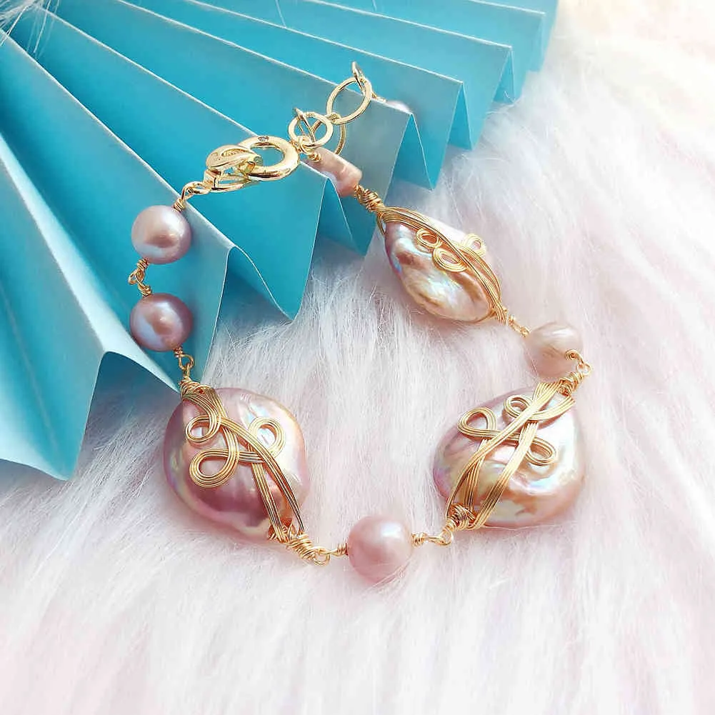Bracelet de perles d'eau douce baroque naturel pour femmes fête violet/blanc gros Bracelets de perles bijoux de mode à la main 2021