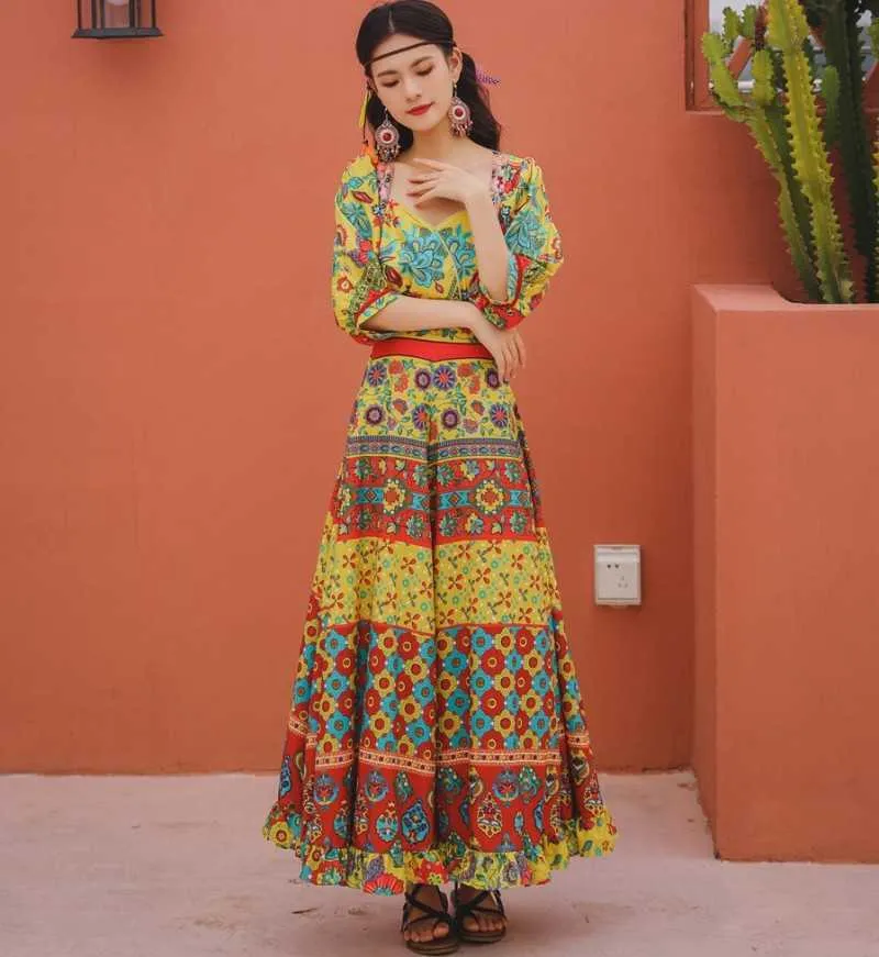 Summer Etnic Etnic Retro Exotic Floral Stampa a V-Neck Sette Sleeve Dlessing Long Dress Bohemian Holiday Beach 210531