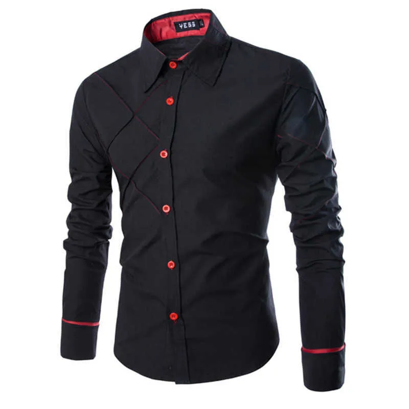 3 Renk M-XXXL Yenilik Tasarım Moda erkek Casual Gömlek Patchwork Uzun kollu Adam Özel Ekose Gömlek Slim Fit 210626