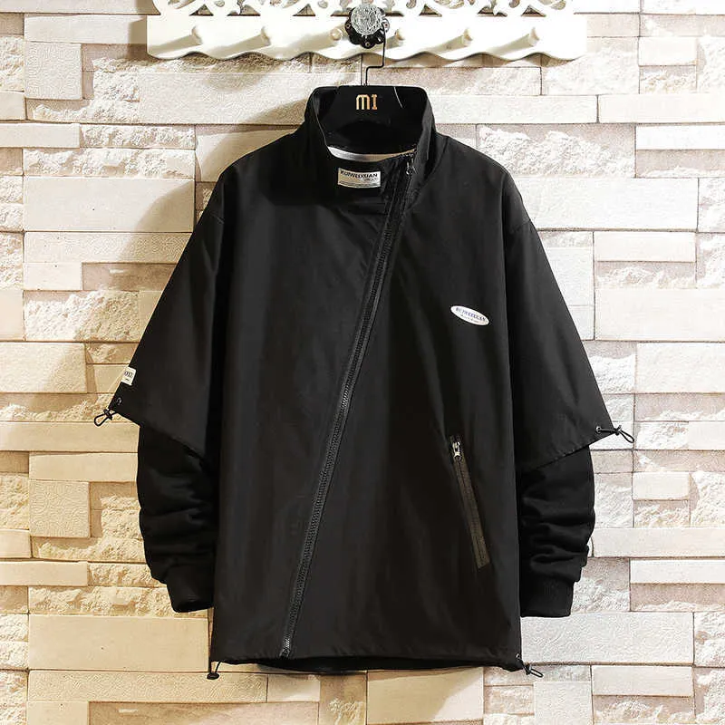 Stile giapponese Pullover Bianco Nero Primavera Autunno Giacca da uomo Streetwear Bomber Abbigliamento Falso in due pezzi OVERSize 5XL 6XL 7XL 211013