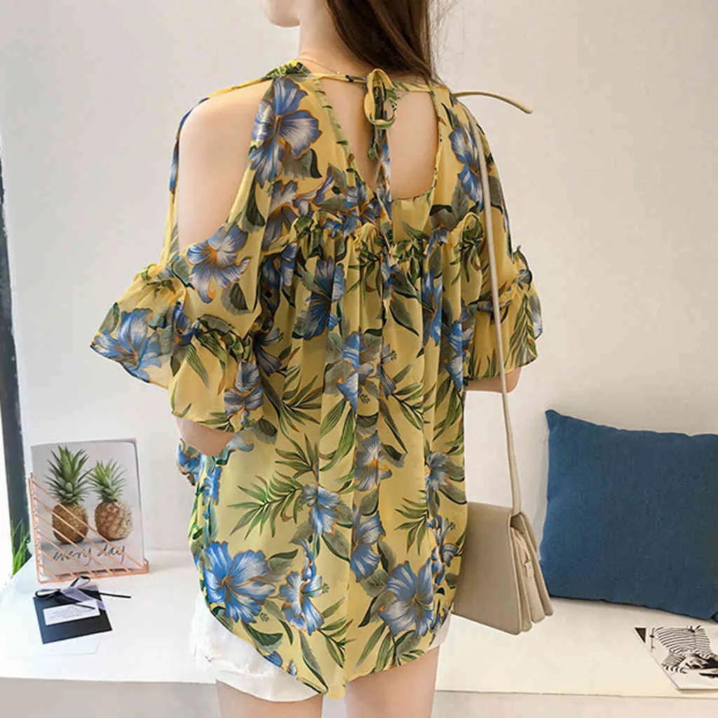 Womail Shirt Women summer Elegant Fashion Print Short Sleeves Cold Shoulder Ruffles Chiffon Shirt office ladies work Blouse X0521