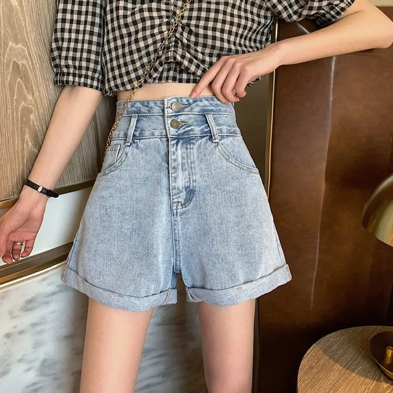 Été femmes jambe large taille haute noir Denim Shorts décontracté femme ample Double bouton Streetwear bleu jean 210430