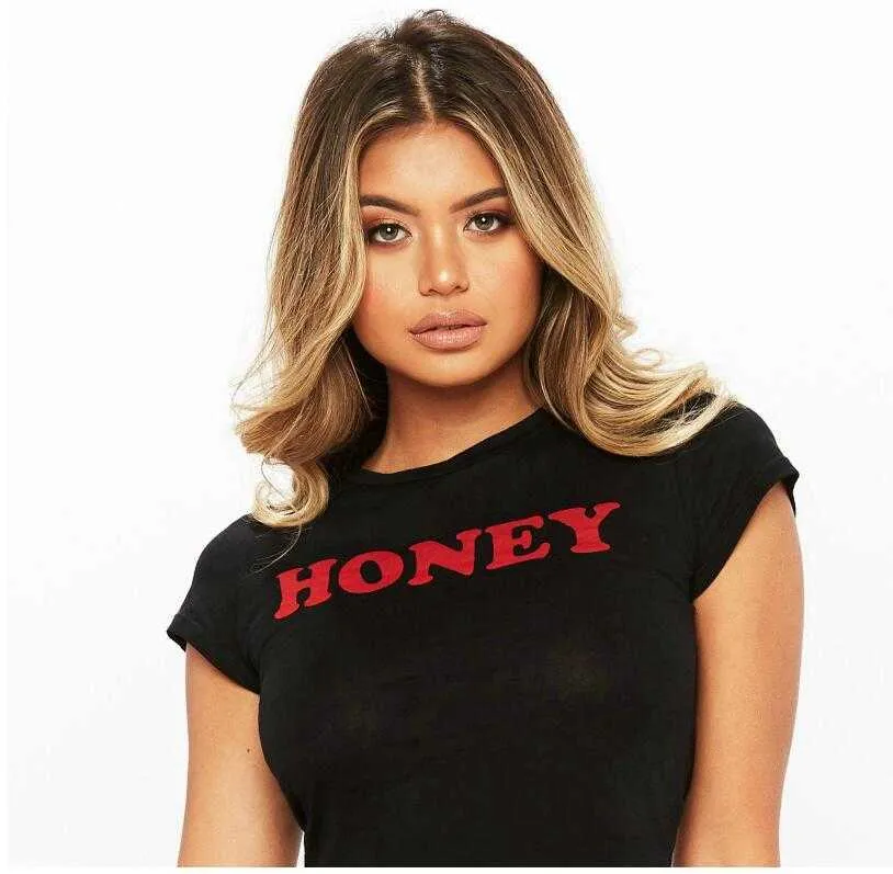 HONEY Red Letters Print Cotton Casual Funny T Shirt for Lady Top Tee Hipster Tumblr Women Summer Fashion Graphic 210607