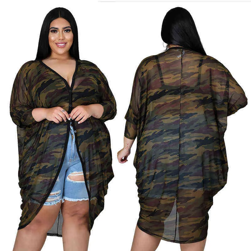 Plus size tops en blouses tuniek losse vrouwen lange mouw camouflage bedrukt mesh doorzicht door sexy vintage top 4XL 5XL val 211116
