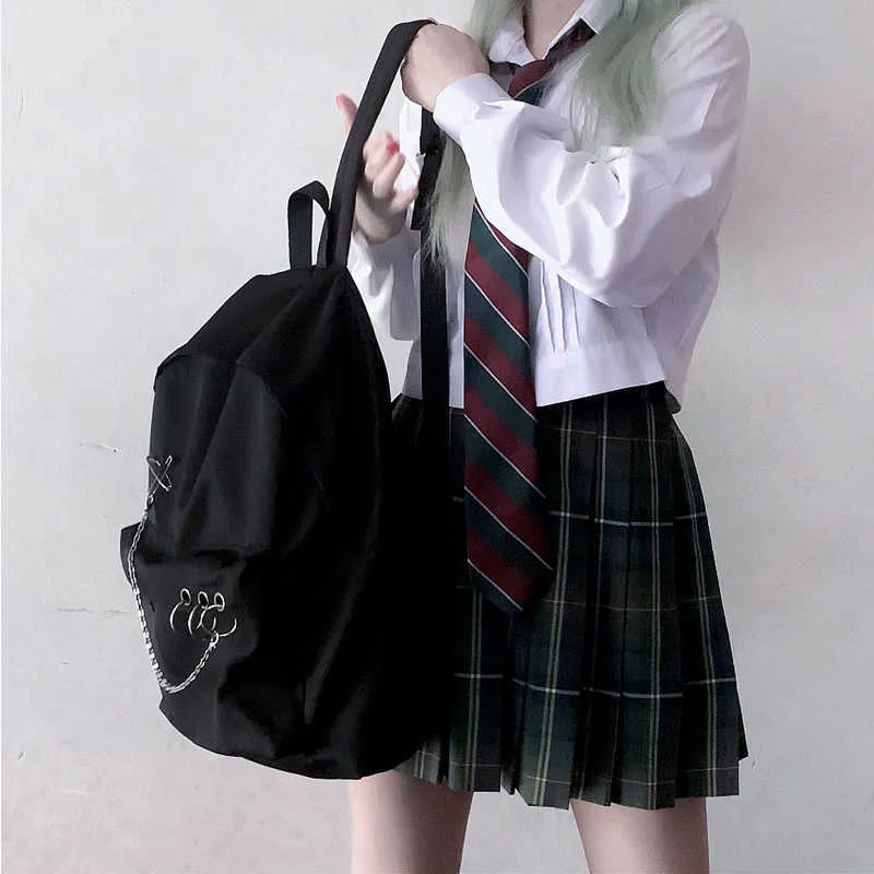 Y Demo Harajuku Punk Canvas Women Backpack Preppy Style Hollow Out Circles Chains Black Bag TechWear 211013