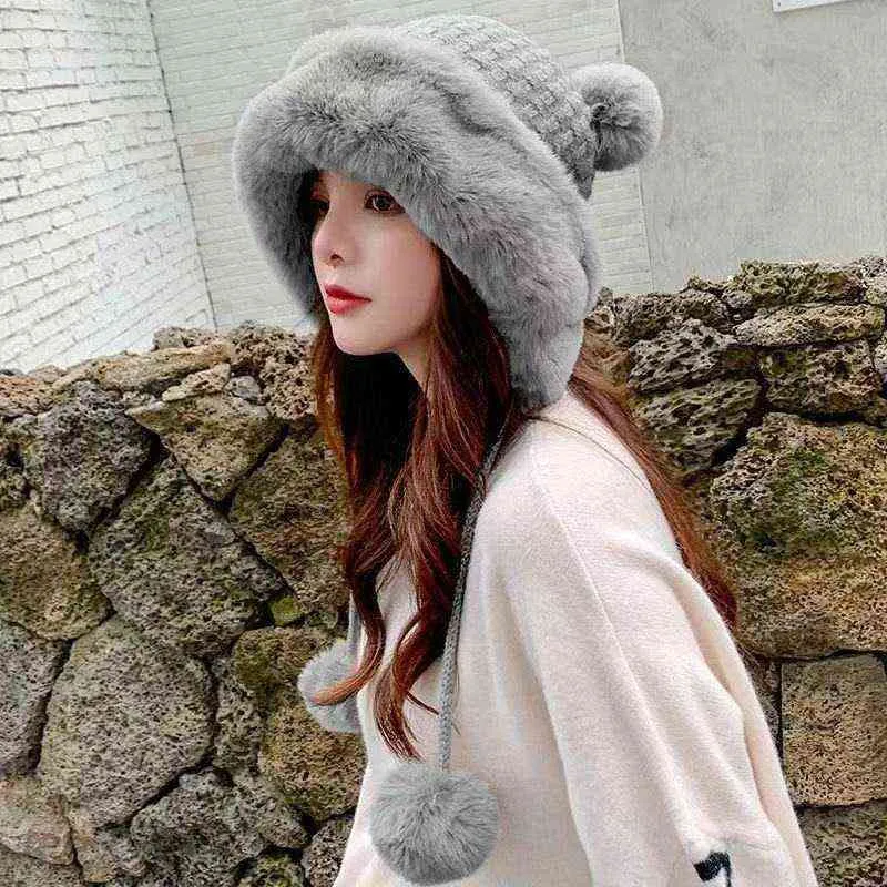 Black Wool ball Russsian Snow Winter Fluffy Plush Thick Fur Hat Faux Fox Furry Cap Head Warmer Outdoor Headgear Women Girl Men Y21111