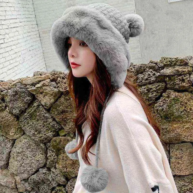 Bola de lana de color caqui Russsian Snow Winter Fluffy Plush Sombrero de piel gruesa Faux Fox Furry Cap Head Warmer Outdoor Headgear Mujeres Chica Hombres Y21111