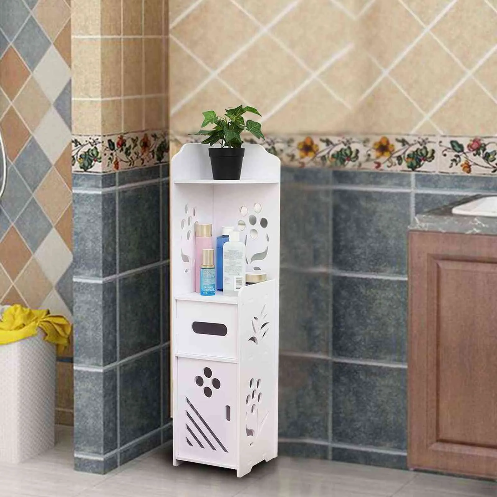 Fai da te Piccolo bagno Toilette Armadietto impermeabile Organizzatore Vanity Floor Standing Rack Lavabo Doccia Angolo Articoli vari Mensola 211112