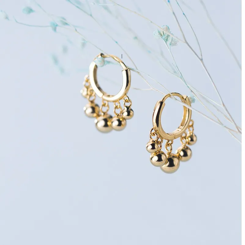Boucles d'oreilles en argent Sterling 925, cinq petites boules rondes, pendentif, cerceaux, plaqué or, bijoux fins pour femmes