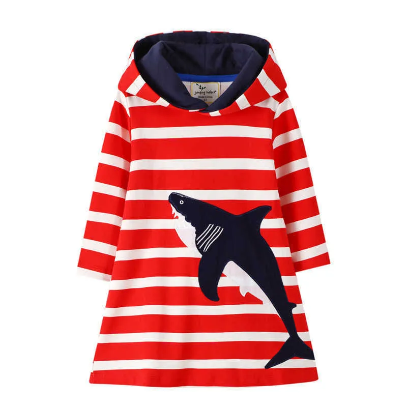 Jumping Meters Stripe Sharks Cotton Hoodies Dresses for Autumn Winter Baby Girls Clothes Fashion Kids Dress with Hooded 210529