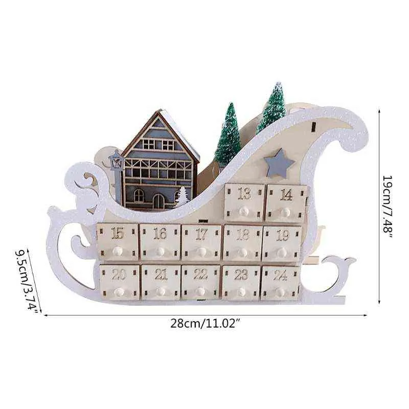 Tree House Sleigh Wooden Advent Calendar Countdown Christmas Party Decor 24 Lådor med LED-ljusprydnad 211104