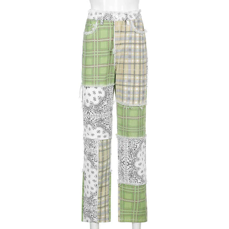 Waatfaak Streetwear E-Girl Patchwork Jeans Kobiety Cargo Zielone Spodnie Mama Y2K Dżinsy Worki Graficzna Checkerboard 90. Jean Mama Denim 210623