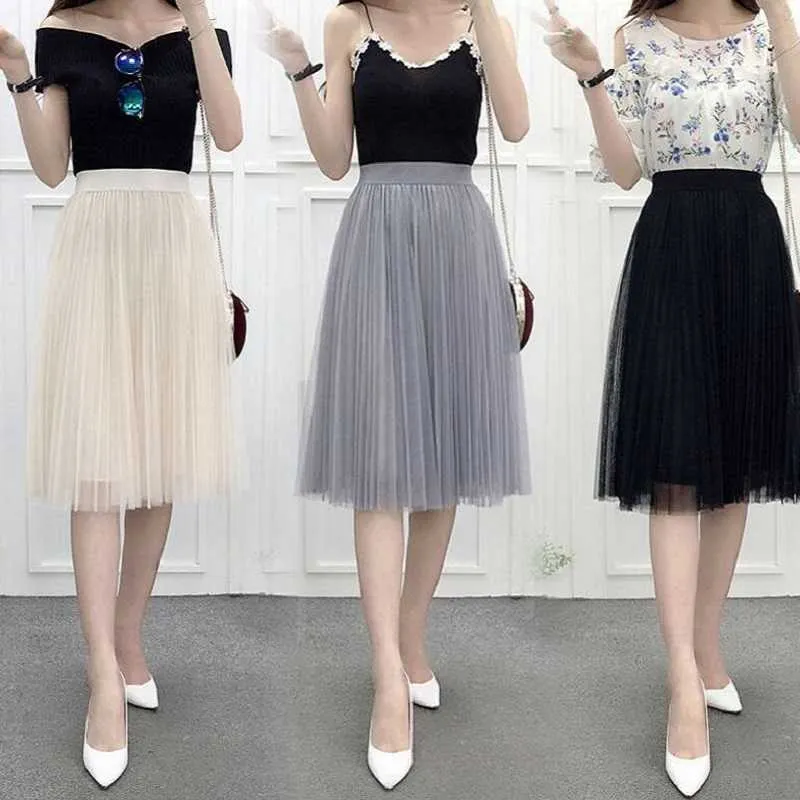 Damer vintage sommar kjolar kvinna casual elastisk hög midja elegant sexig midi pläterad mesh tutu kvinnor tulle kvinnlig 210629