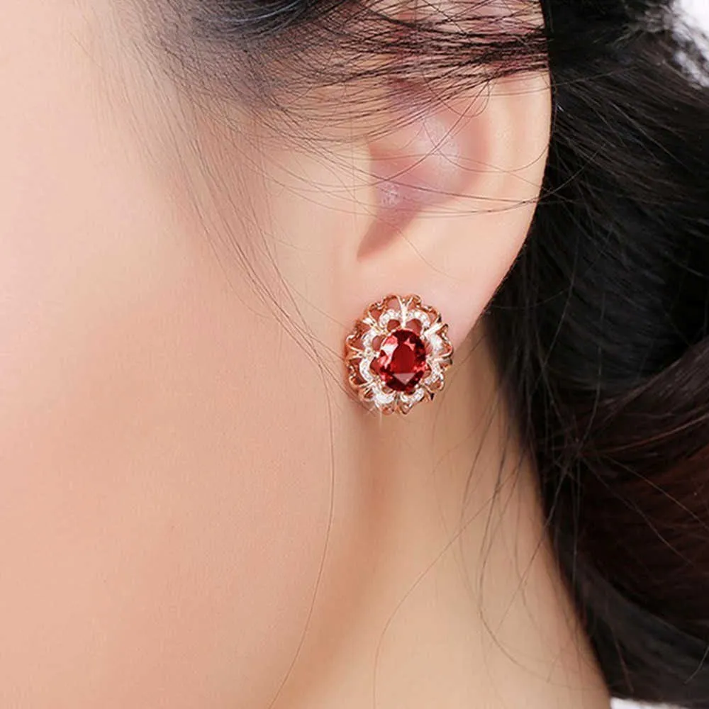 Ruby gemstones red crystal zircon diamond stud earrings for women brincos 18k Rose gold color party jewelry bijou Christmas gift 24191841