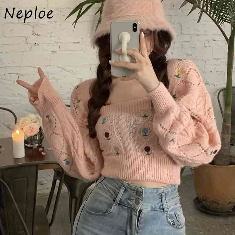 Neploe Square Collar Clavicle Exposed Sexy Strickpullover Frauen Pullover Langarm Slim Pull Femme Kurze Rosa Sueter Frühling 210423